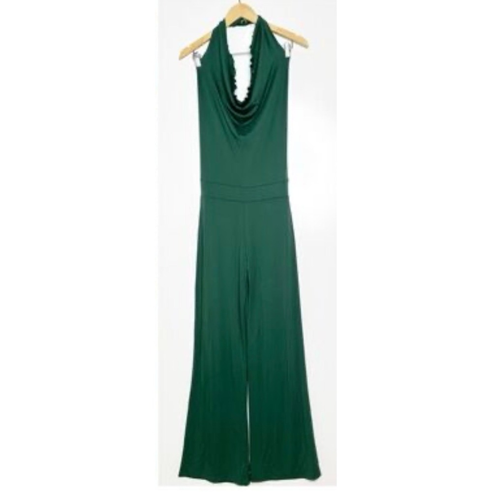 Aria Lattner Pine Green Cowl Neck Open Back Wide Leg Jumpsuit Small NWT
